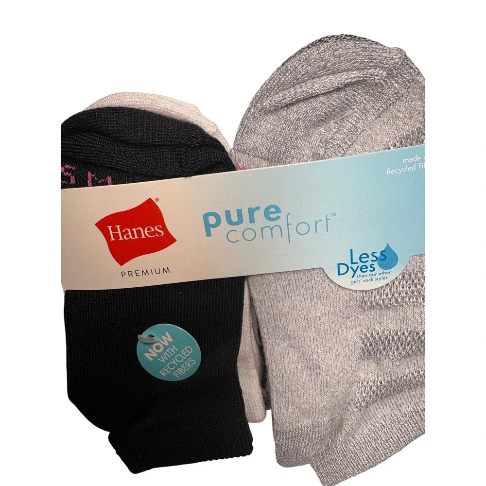 Hanes Premium Pure Comfort Girls No Show Socks 6 Pair Black Grey White M 10.5-4